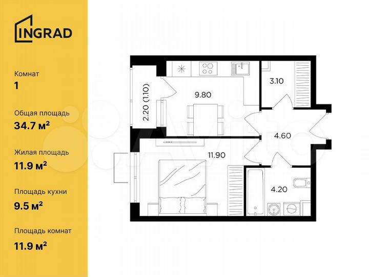 1-к. квартира, 34,7 м², 17/17 эт.