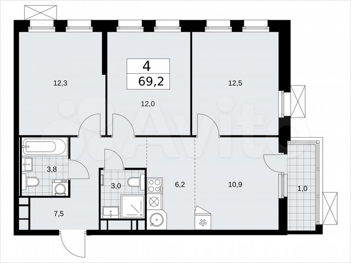 4-к. квартира, 69,2 м², 12/14 эт.