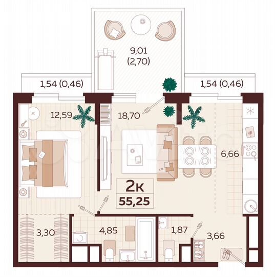 2-к. квартира, 54,4 м², 4/6 эт.