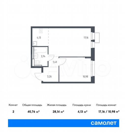 2-к. квартира, 40,8 м², 4/17 эт.