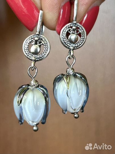 Серьги бутоны, стекло лэмпворк