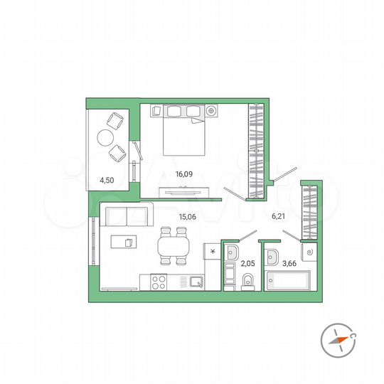 1-к. квартира, 45,3 м², 7/9 эт.