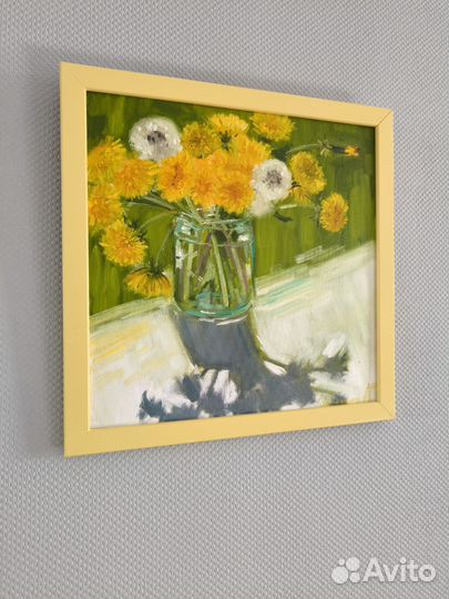Картина маслом одуванчики в банке 30*30 см