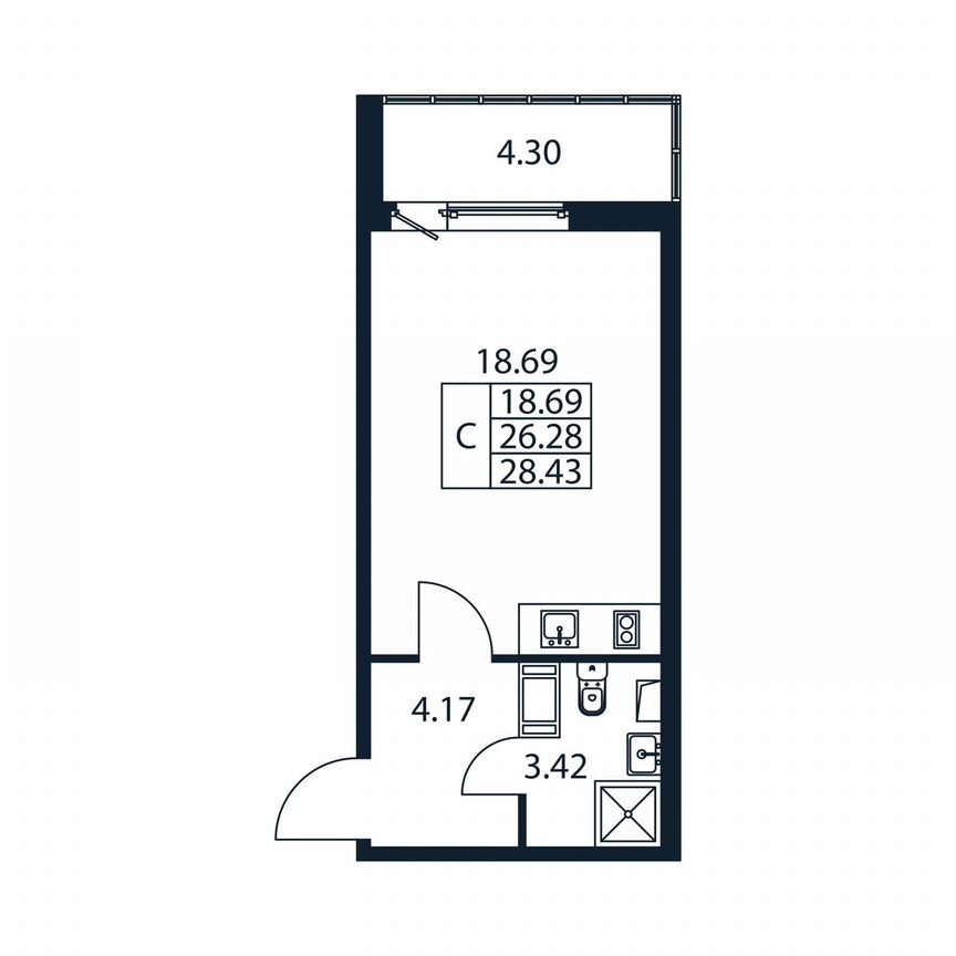 Квартира-студия, 30,6 м², 4/12 эт.
