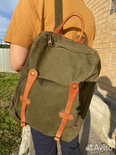 Рюкзак новый холщовый с кожей