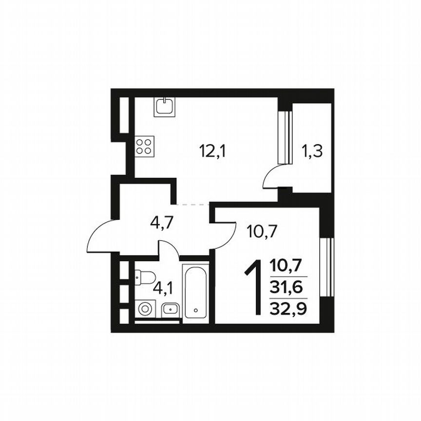 1-к. квартира, 32,9 м², 8/9 эт.