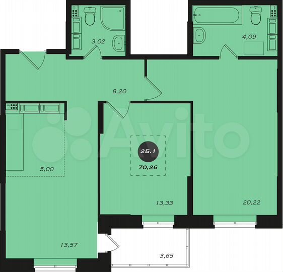 2-к. квартира, 70,3 м², 21/22 эт.