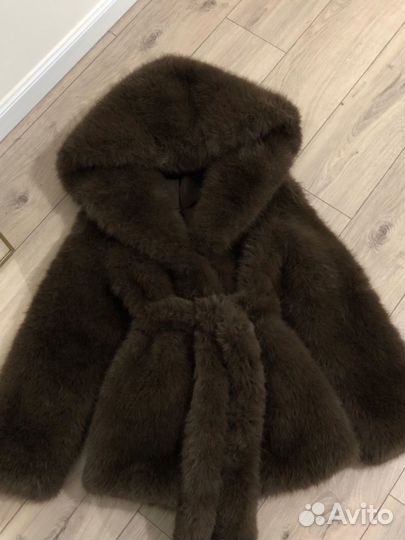 Шуба с капюшоном коричневая люкс S M L zara lime