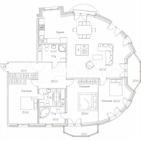 4-к. квартира, 156 м², 13/23 эт.