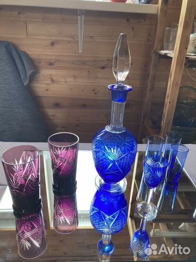 Графин, рюмки, стакан кобальт, марганец винтаж