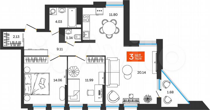3-к. квартира, 76,3 м², 8/25 эт.