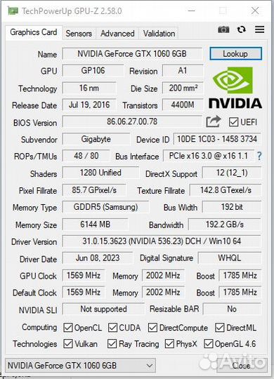 GTX 1060 6Gb GigabyteG1-Gaming