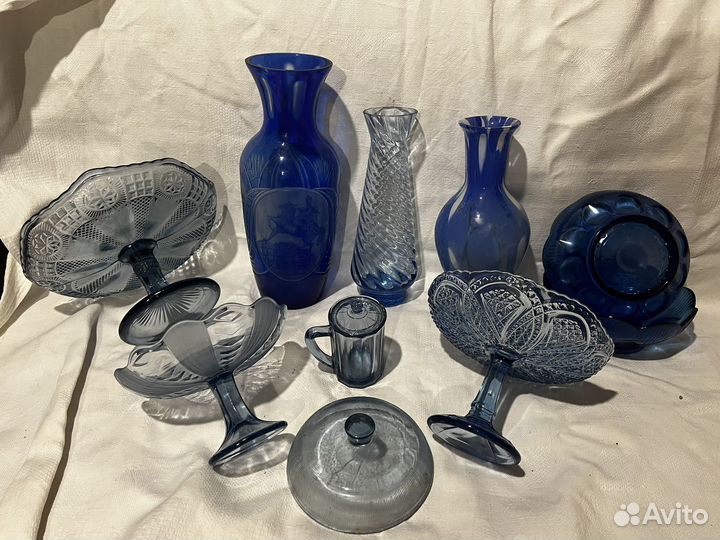 Ваза Конфетница синее стекло СССР лот