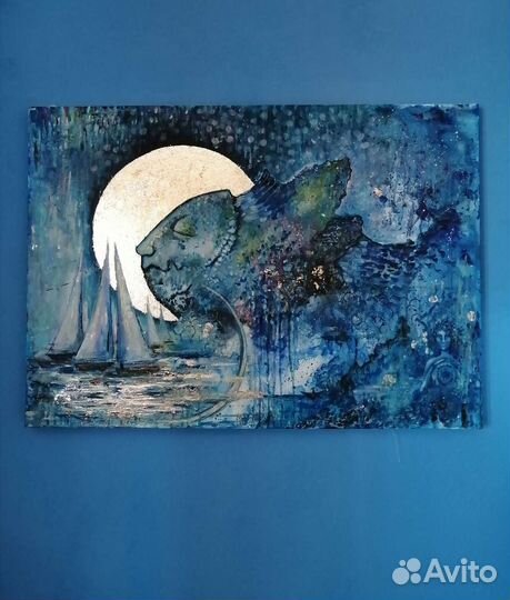 Авторская картина маслом с поталью, рыба