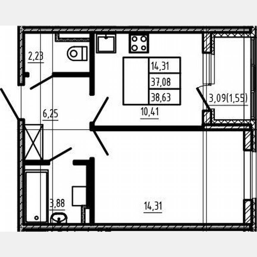 1-к. квартира, 37,1 м², 1/4 эт.