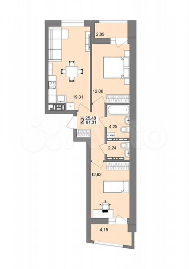 2-к. квартира, 61,3 м², 15/26 эт.
