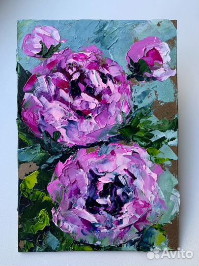 Картина маслом букет с пионами розовые розы