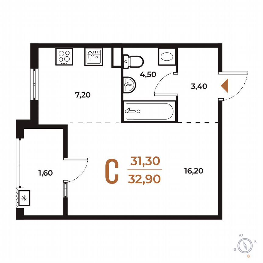 Квартира-студия, 32,9 м², 2/8 эт.