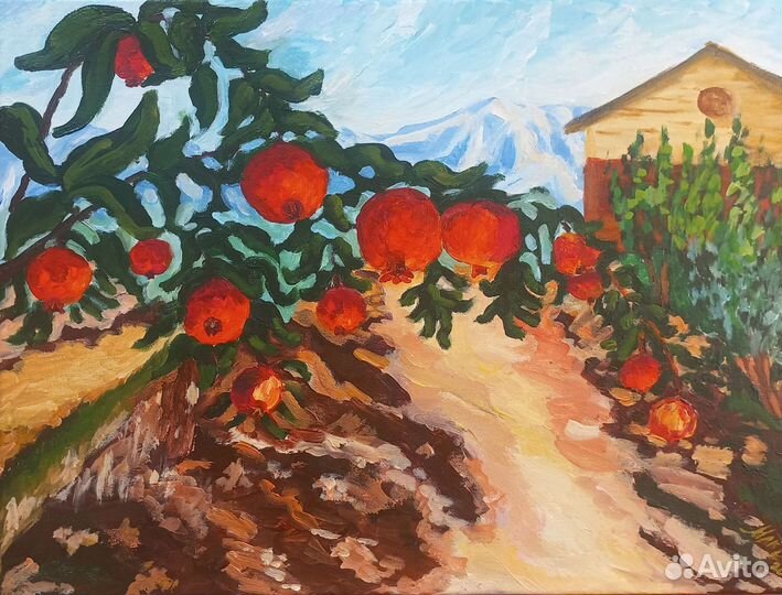 Картина маслом красные маки горный пейзаж