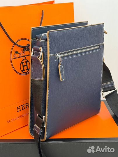 Сумка планшет Hermes натуральная кожа синяя