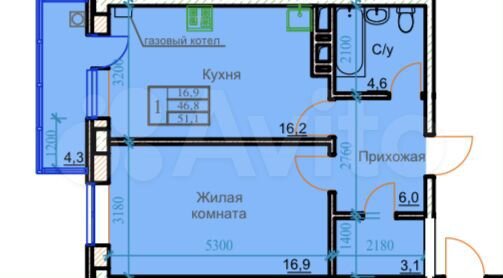 1-к. квартира, 51,1 м², 4/9 эт.