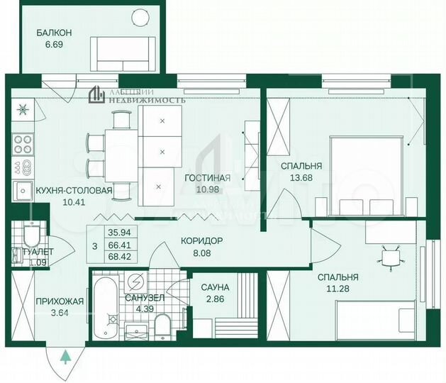 3-к. квартира, 65,4 м², 6/6 эт.