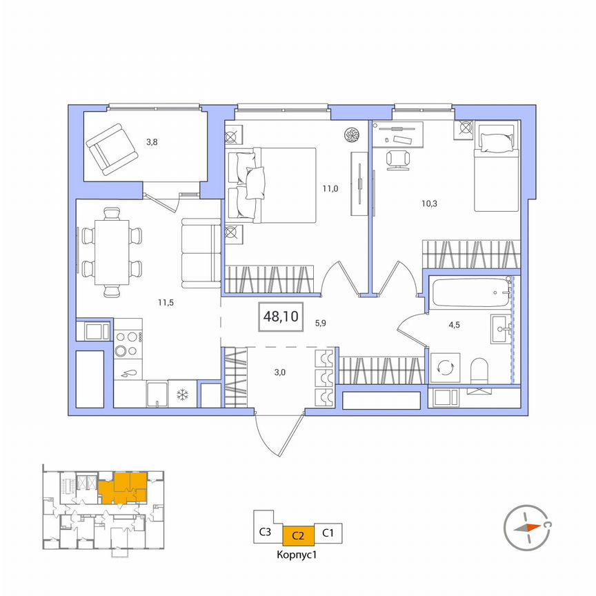 2-к. квартира, 48,1 м², 10/12 эт.