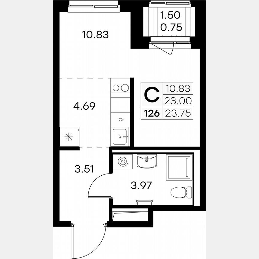 Квартира-студия, 23,8 м², 9/9 эт.