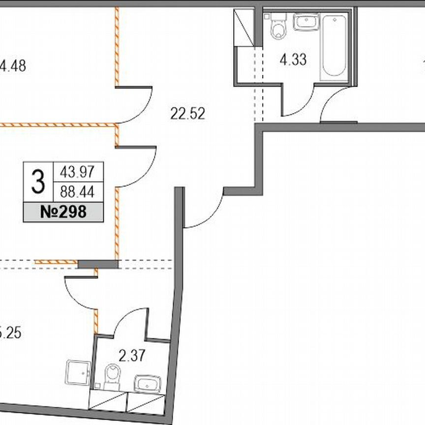 3-к. квартира, 88,4 м², 2/25 эт.