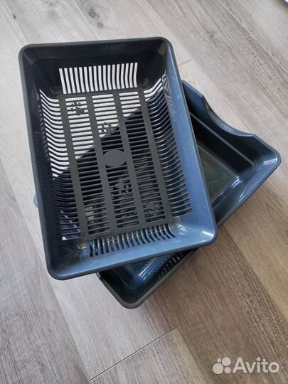 Лоток для кошек высокий с сеткой и совочком серый