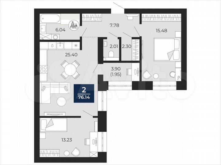 2-к. квартира, 76,1 м², 3/12 эт.