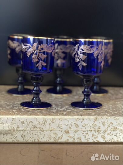 Набор бокалов Богемия кобальт позолота Чехия