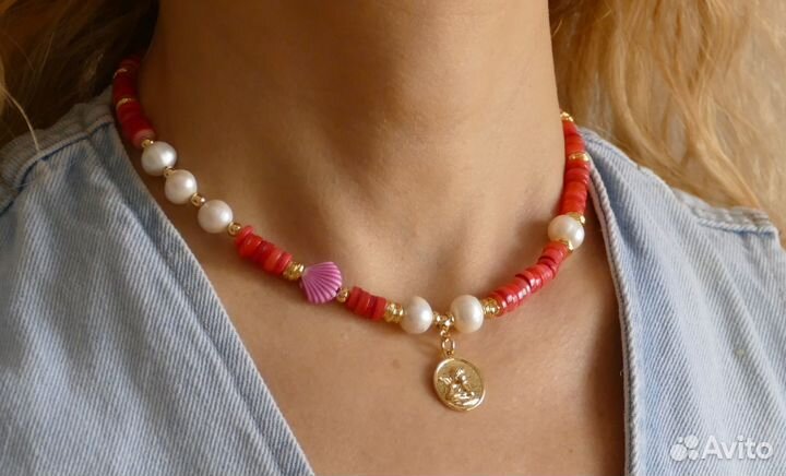 Чокер с жемчугом и ракушками