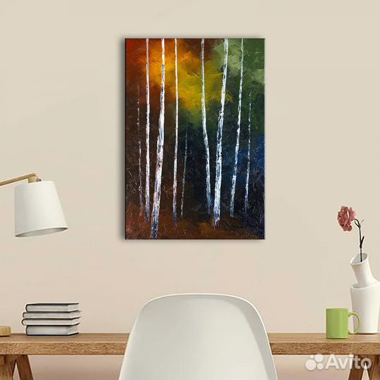 Абстрактная картина с берёзами на холсте