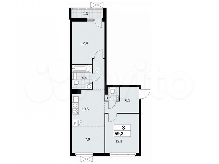 3-к. квартира, 59,2 м², 3/13 эт.