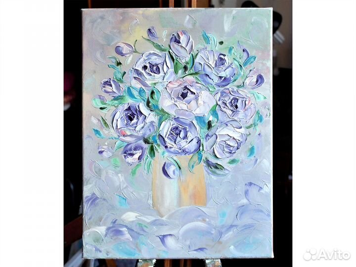 Картина маслом с букетом роз в вазе на холсте