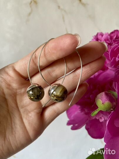 Серьги с натуральным янтарем. Серебро