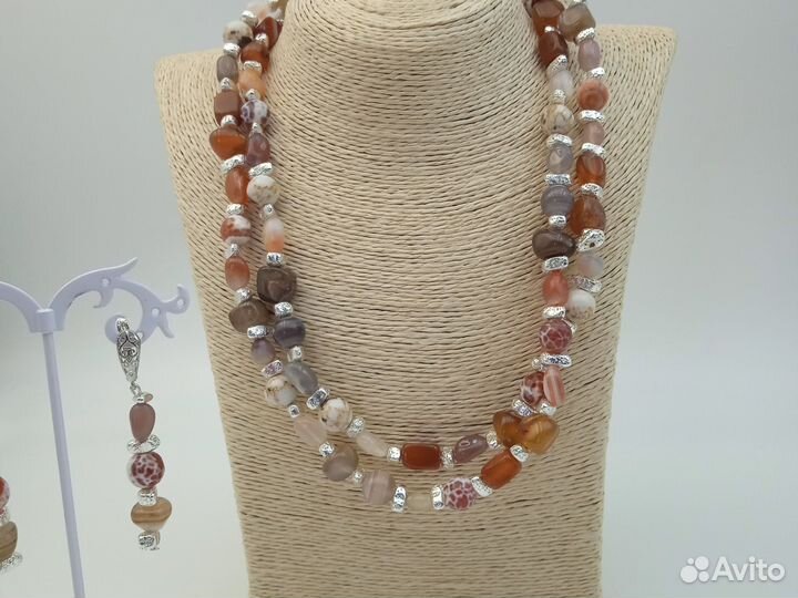 Бусы 96см,серьги 6см натуральный камень