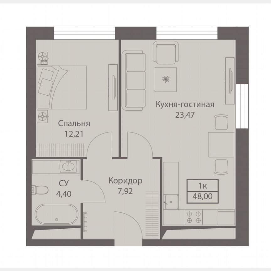 1-к. апартаменты, 48 м², 8/20 эт.