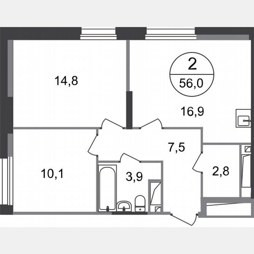 2-к. квартира, 56 м², 18/19 эт.
