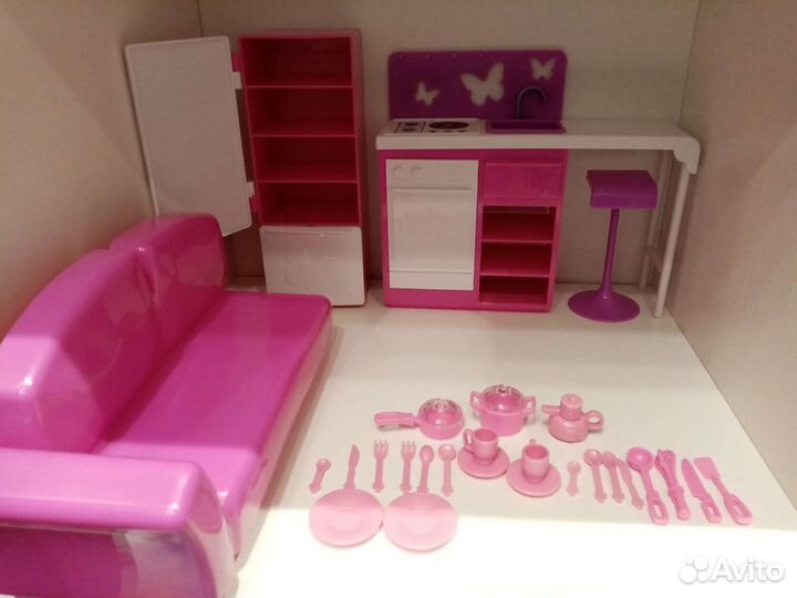 Новая кукольная мебель кухня с диваном и посудой