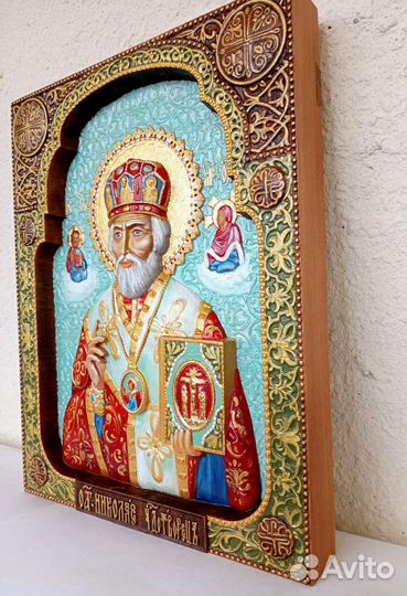 Икона резная «Николай Чудотворец» массив Бук