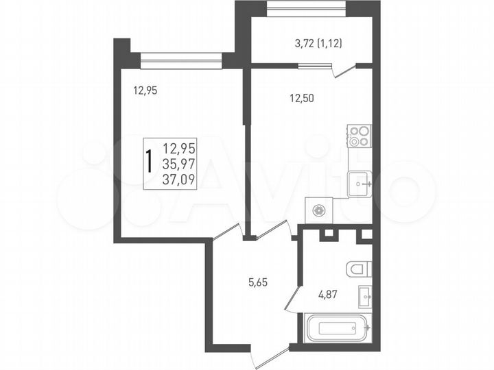 1-к. квартира, 37,1 м², 1/9 эт.