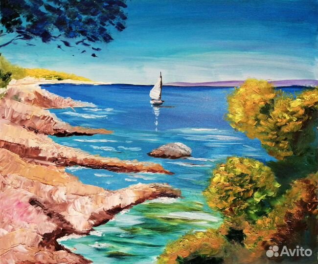 Картина с лодкой морской пейзаж скалы Крым масло