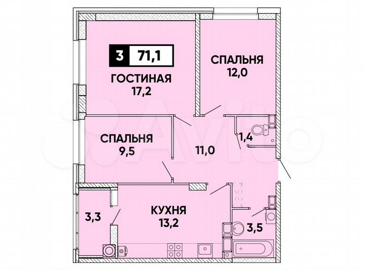 3-к. квартира, 71 м², 12/24 эт.