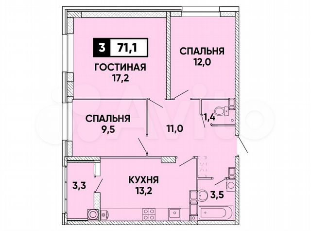 3-к. квартира, 71 м², 12/24 эт.