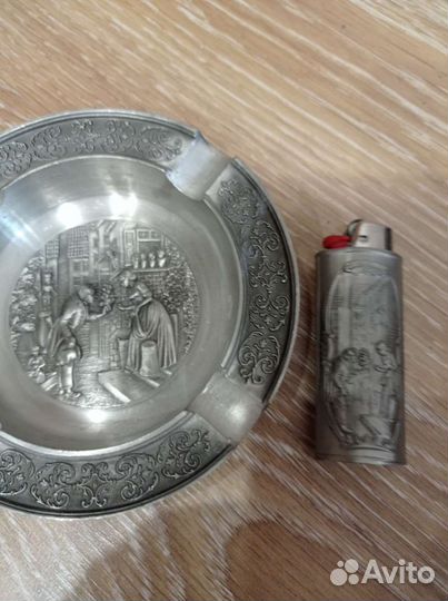 Оловянная пепельница и зажигалка