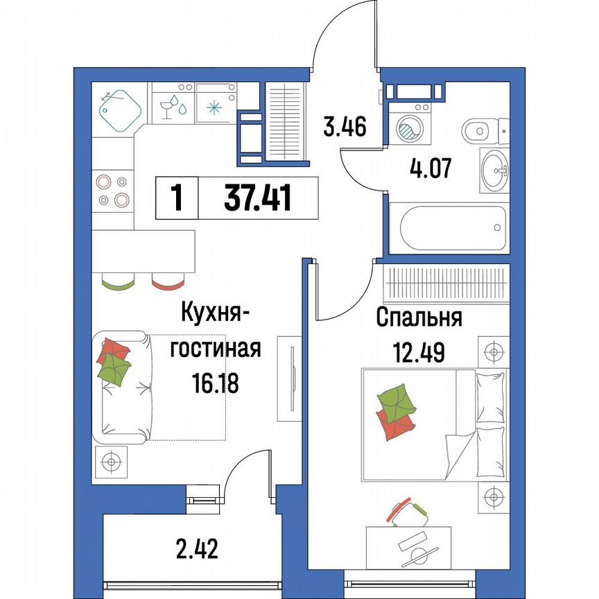 1-к. квартира, 37,4 м², 10/16 эт.