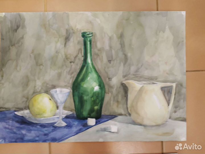 Акварель картина натюрморт на зелёном фоне