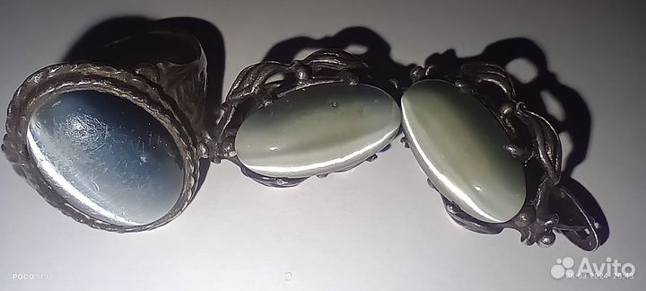 Набор серьги и кольцо кошачий глаз серебряные